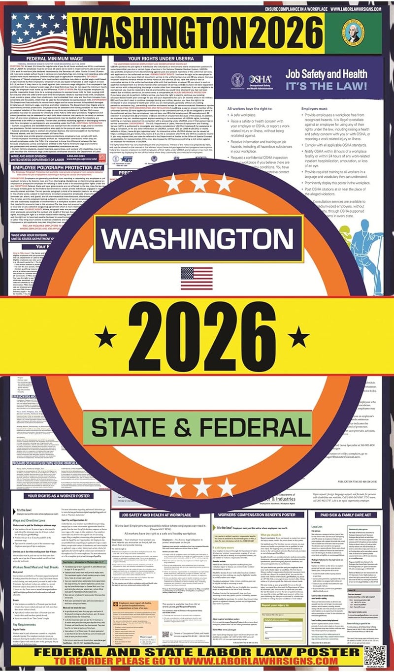Home & Comforts 2026 Washington (WA) State Labor Law Poster - State, Federal and OSHA Compliant Laminated Poster - Ideal for Posting in The Workplace - Easy to Read - Perfect for Common Rooms and Cafeterias - Image 1